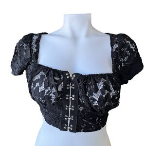 Say What? Size M Lace Crop Top with Front Clasps and Puff Sleeves